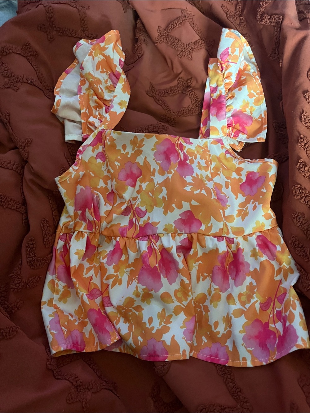 SHEIN Pink & Orange Floral Ruffle Strap Peplum Top